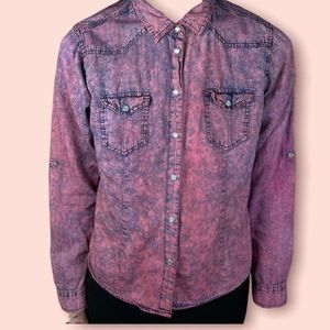 Dyed Pink Denim Blouse Small Vintage Jean Button up Shirt